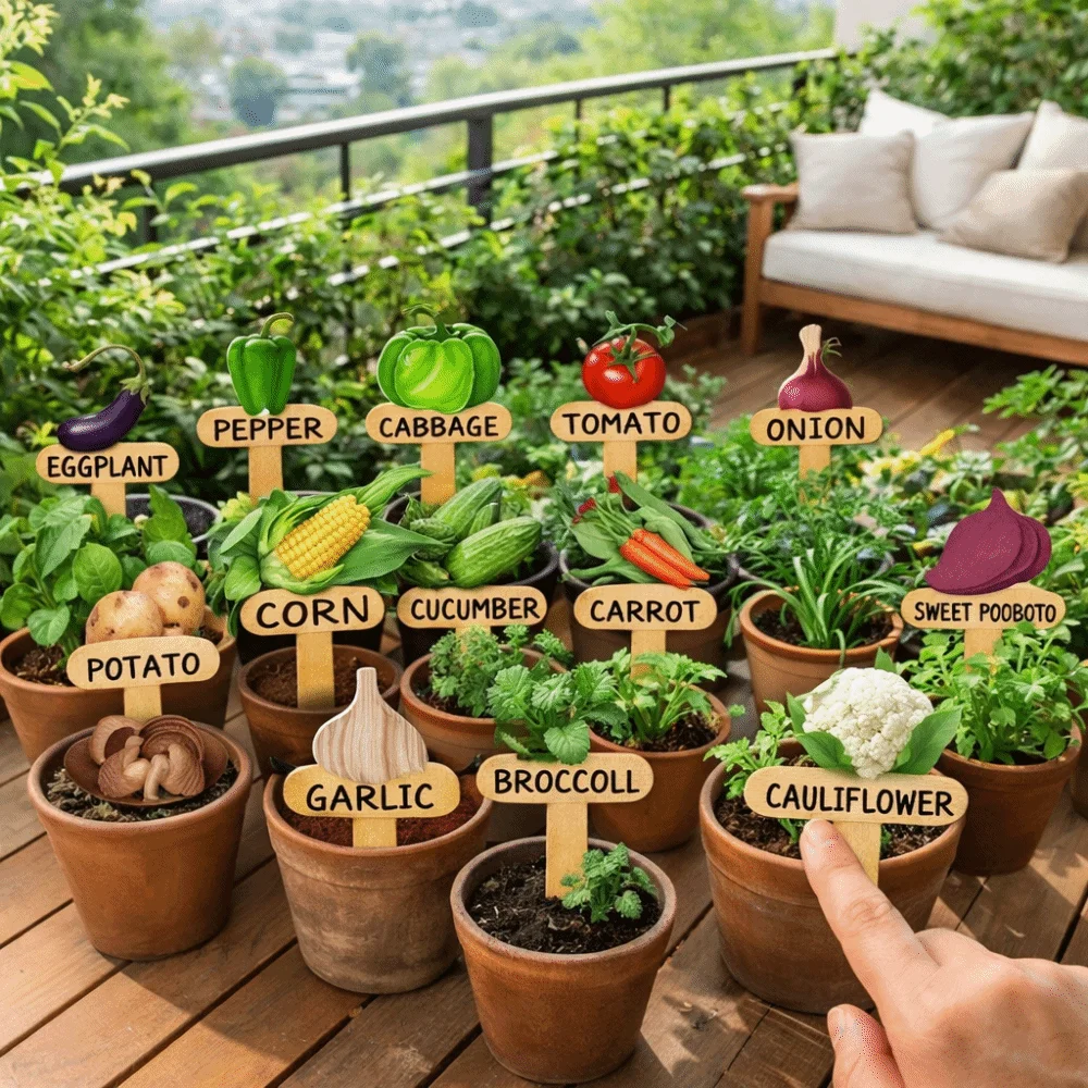 15PCS Gardener Tags Wooden Plant Markers Reusable T-Type Vegetable Name Tag Vegetable Pattern Plant Sign Outdoor Potted Plants