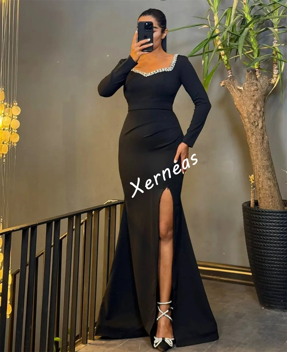 Customized Jersey Rhinestone Trumpet Black Long Dresses Bespoke Occasion Women's Evening Elegant Party Wedding High Quality