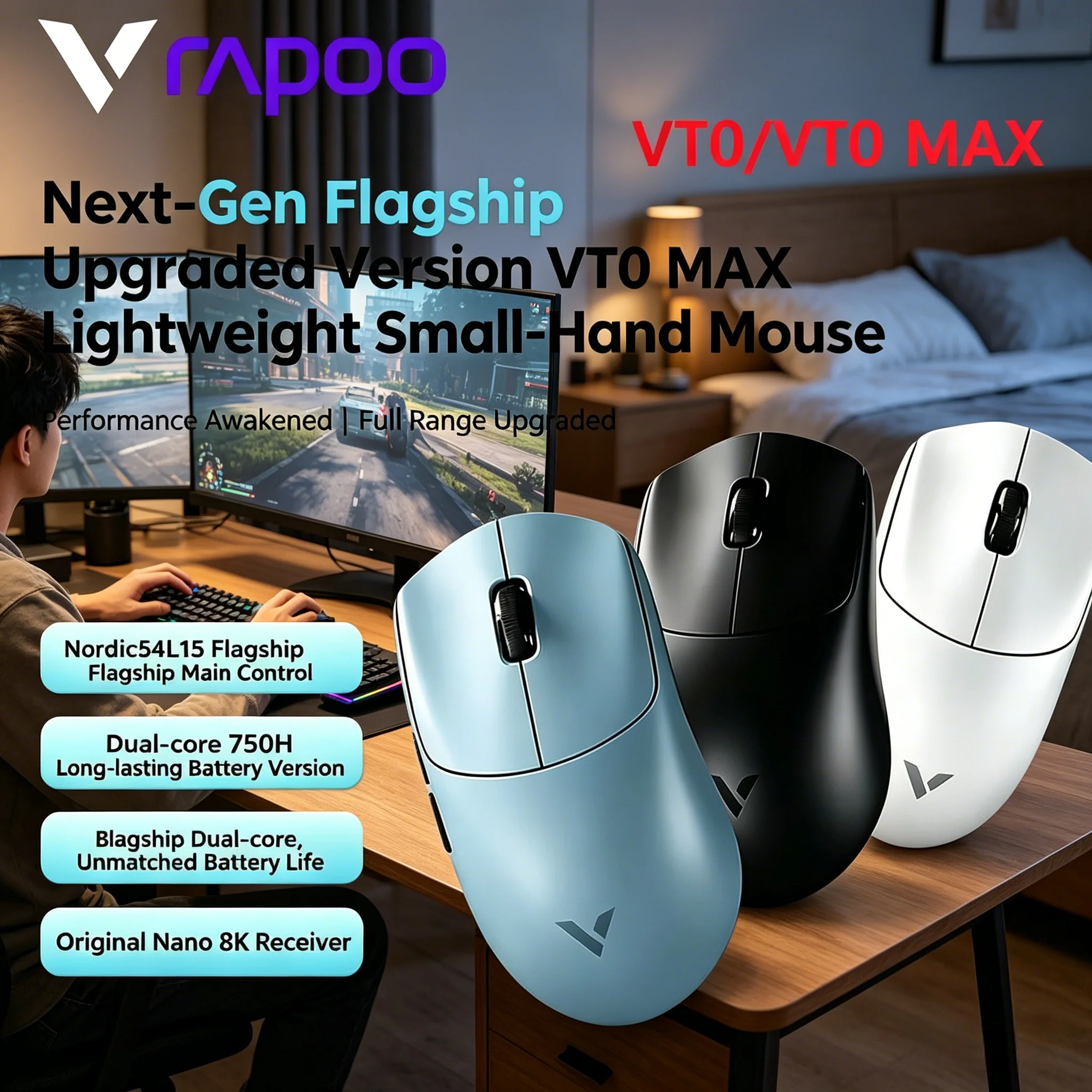 Hot Sale Rapoo VT0 MAX Dual 8KHz Wireless Mouse PAW3950 Nordic54L15 45000DPI Programmable FPS Gamer Mice