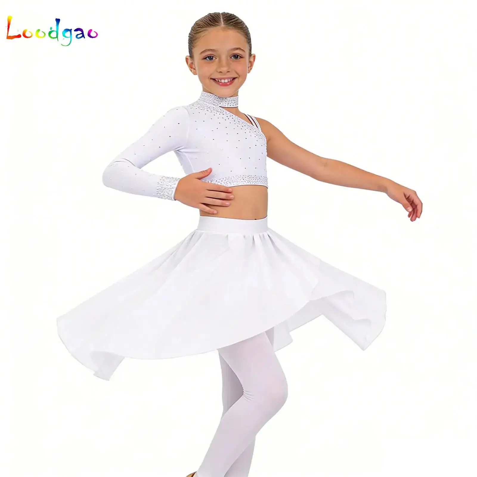 

Girls Modern Lyrical Dance Outfit Asymmetrical Shoulder Rhinestone Crop Tops+Skirts 2Pcs Set for Stage Performance Competition