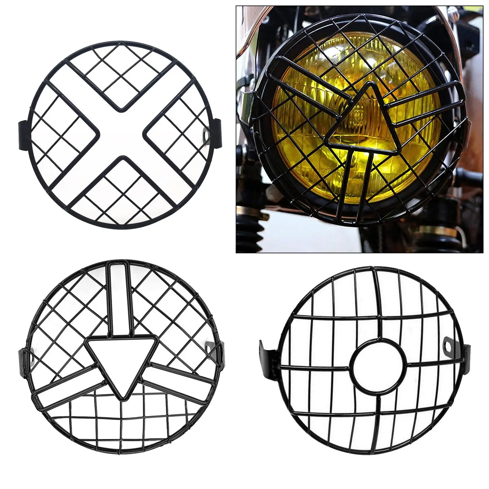 Universal 6.5 inch Motorcycle Headlight Grill Guard Iron Round Retro Headlamp Light Cover for Cafe Racer Cruiser Black