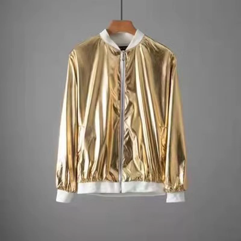 Windbreaker Gold Silver Jacket for Men Fashion Autumn Streetwear Slim Zipper Hip Hop Nightclub Shiny Singer Stage Costume Men