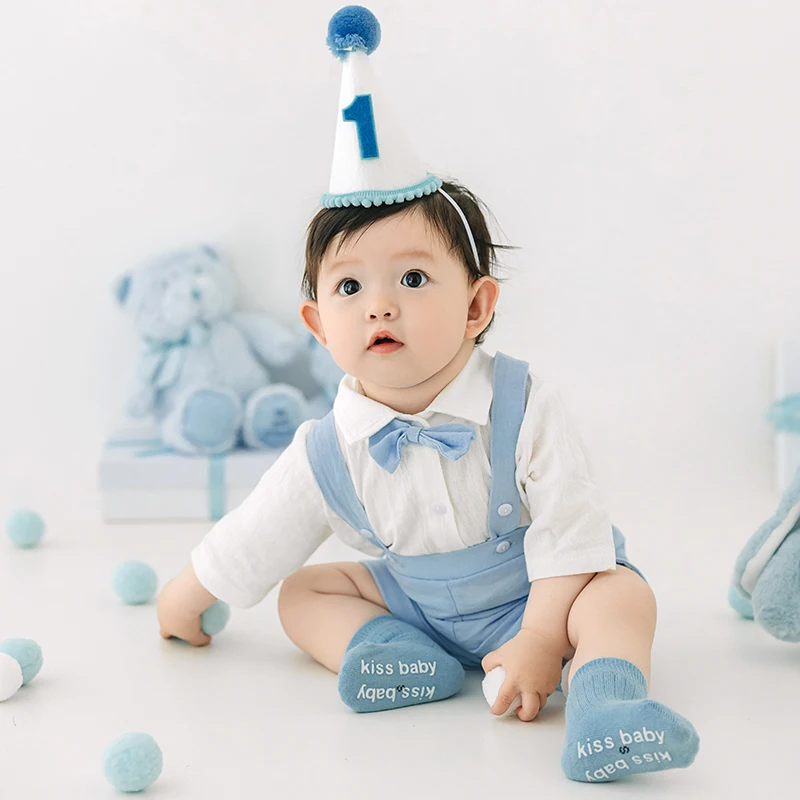 Birthday Party Theme Baby Photography Outfit Blue Birthday Hat Shirt Overalls + Tie 4pcs/Set 3-4 Months Baby Photo Clothing