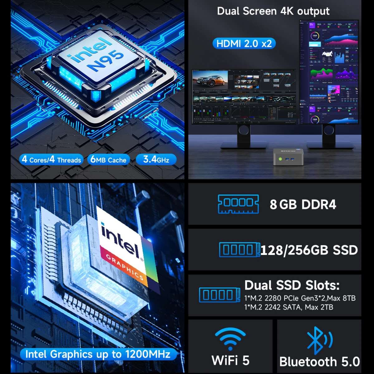 GMKtec G3S كمبيوتر صغير Intel Alder Lake N95 Windows 11 Pro Mini PC 8GB DDR4 128/256GB PCIe M.2 SSD WiFi 5 BT5.0 كمبيوتر مكتبي