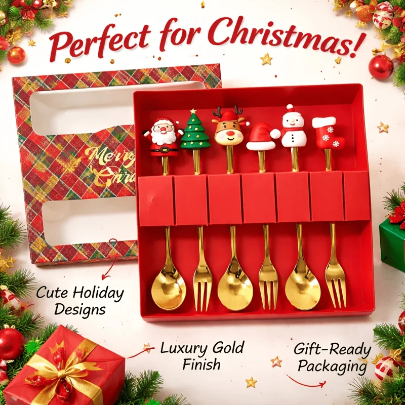 6Pcs Festive Christmas Spoon Fork Set with Gift Box,Golden Stainless Steel Coffee Tea Dessert Cutlery,Christmas Gift for Holiday view 4