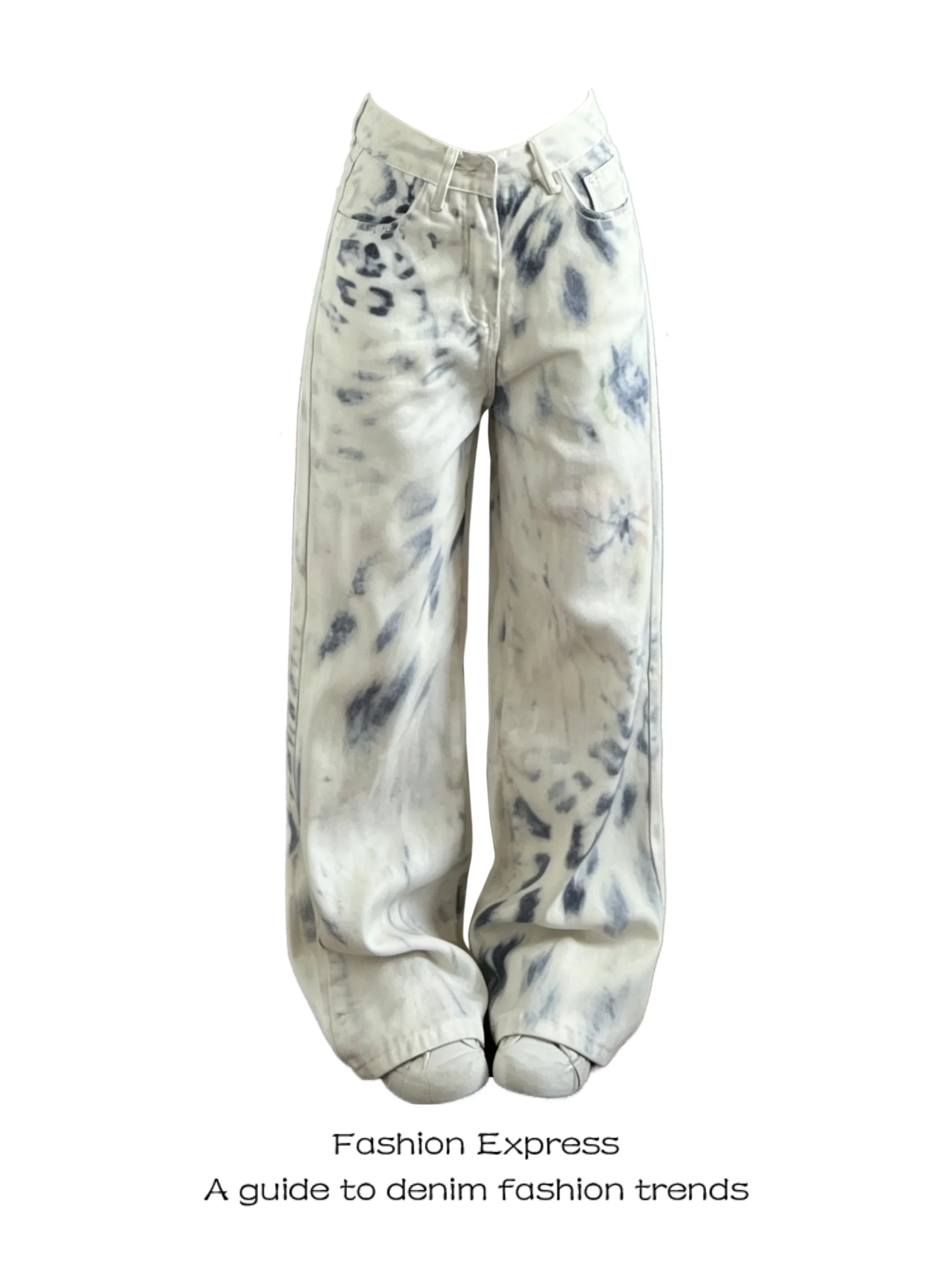 

White Denim Jeans Women's 2026 New Leopard Print Dyed Wide Leg Desert Style Design Casual Straight Long Pants