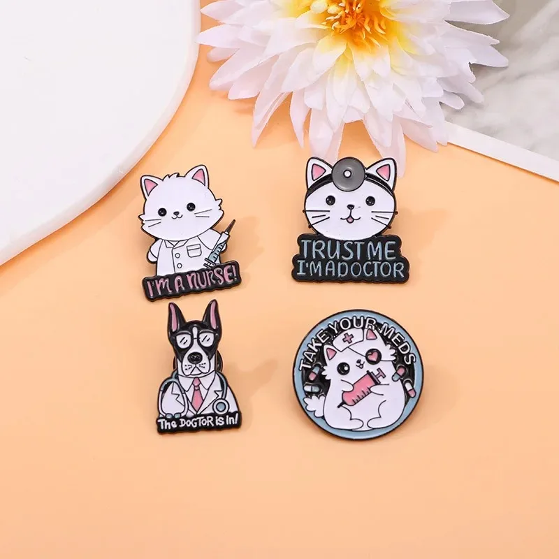Cute Cartoon Cat Dog Doctor Nurse Enamel Brooch Animal Lapel Pin Backpack Clothing Badge Accessories