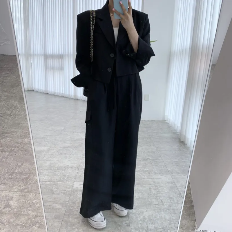 Women\'s Vintage Blazer Pants Suits Two Pieces Set Full Sleeved Short Blazers & Lacing Up High Waist Long Wide Leg Trousers