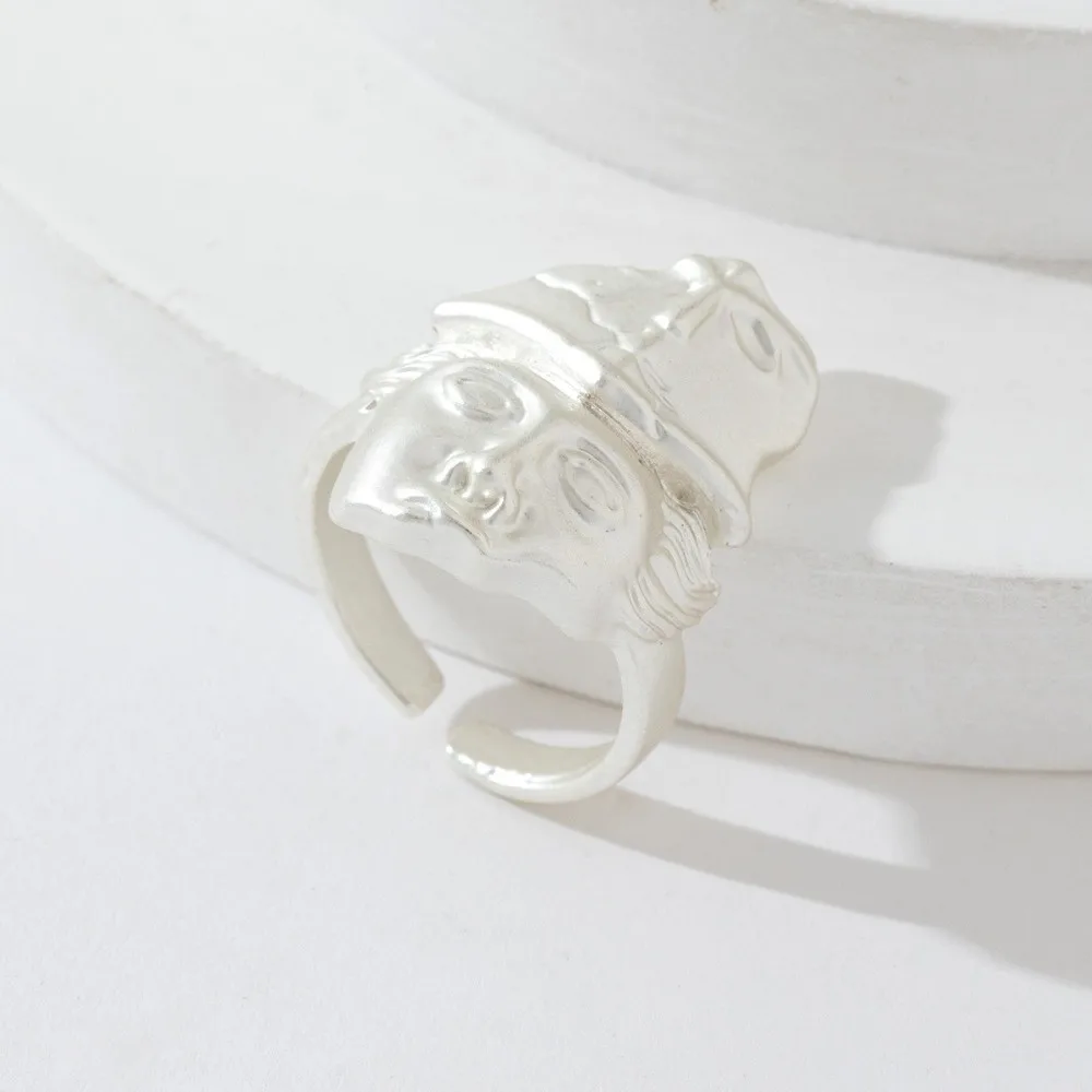 Fashion Unique Mystical Masked Face Ring Adjustable Metal Silver Color Open Rings David Sculpture Vintage Goth Style Ring Party