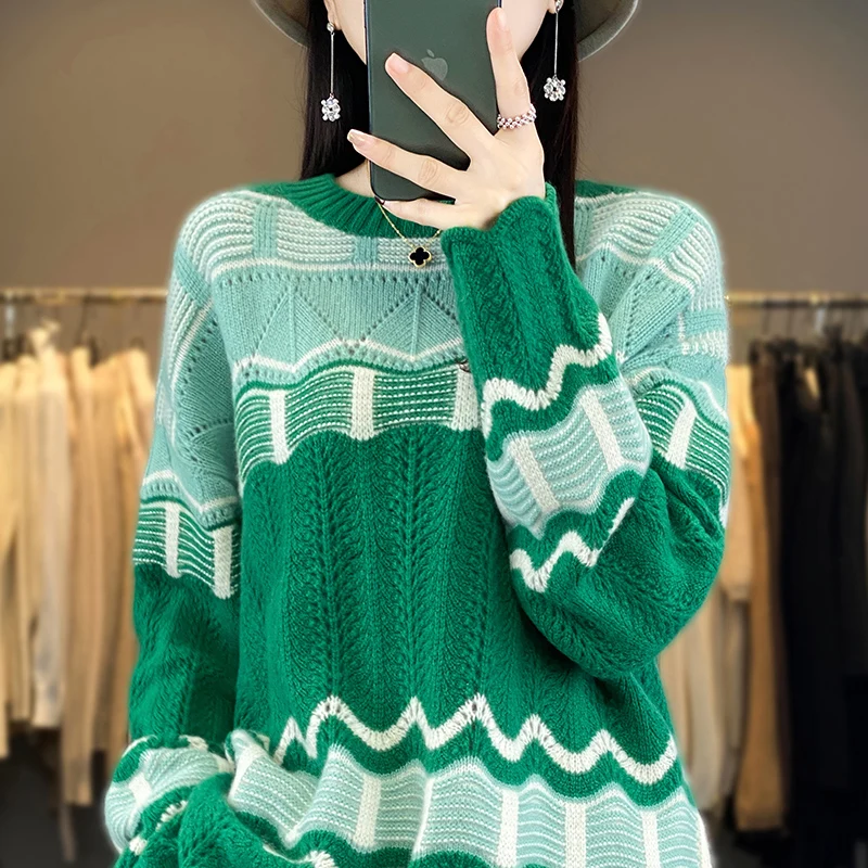 

New autumn and winter 100% wool cashmere sweater O-neck hollow women's striped Joker top loose knit fashion pullover sweater