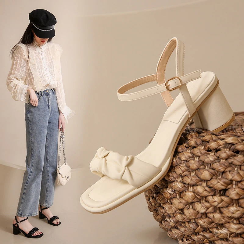 

5cm Women Sandals Summer Square Toe Thick Med Heel Buckle Strap Ladies Pumps Fairy Fashion Gentle Leisure Basic Females Shoes