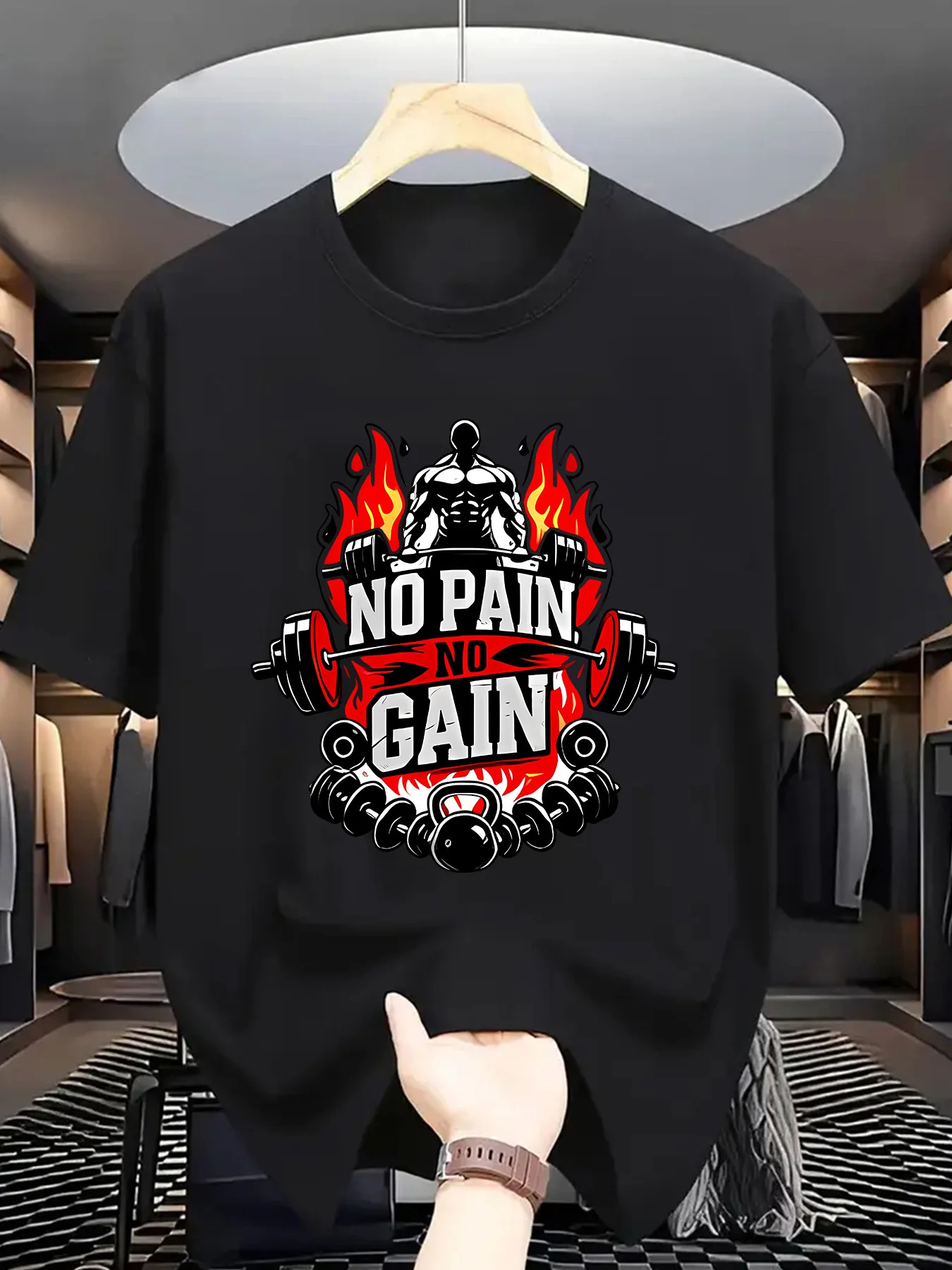 Fitness Gym Men Short Sleeve Tshirt No Pain No Gain Bodybuilder Dumbbell Flame Print O Neck Tee Workout Male Casual Fashion Tops