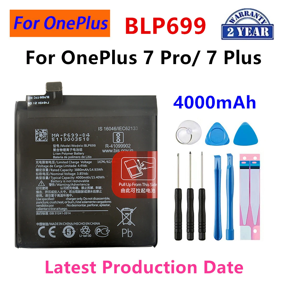 100% Orginal BLP699 4000mAh Replacement Battery For OnePlus 7 Pro OnePlus 7 Plus Genuine Latest Production Phone Batteries+Tools