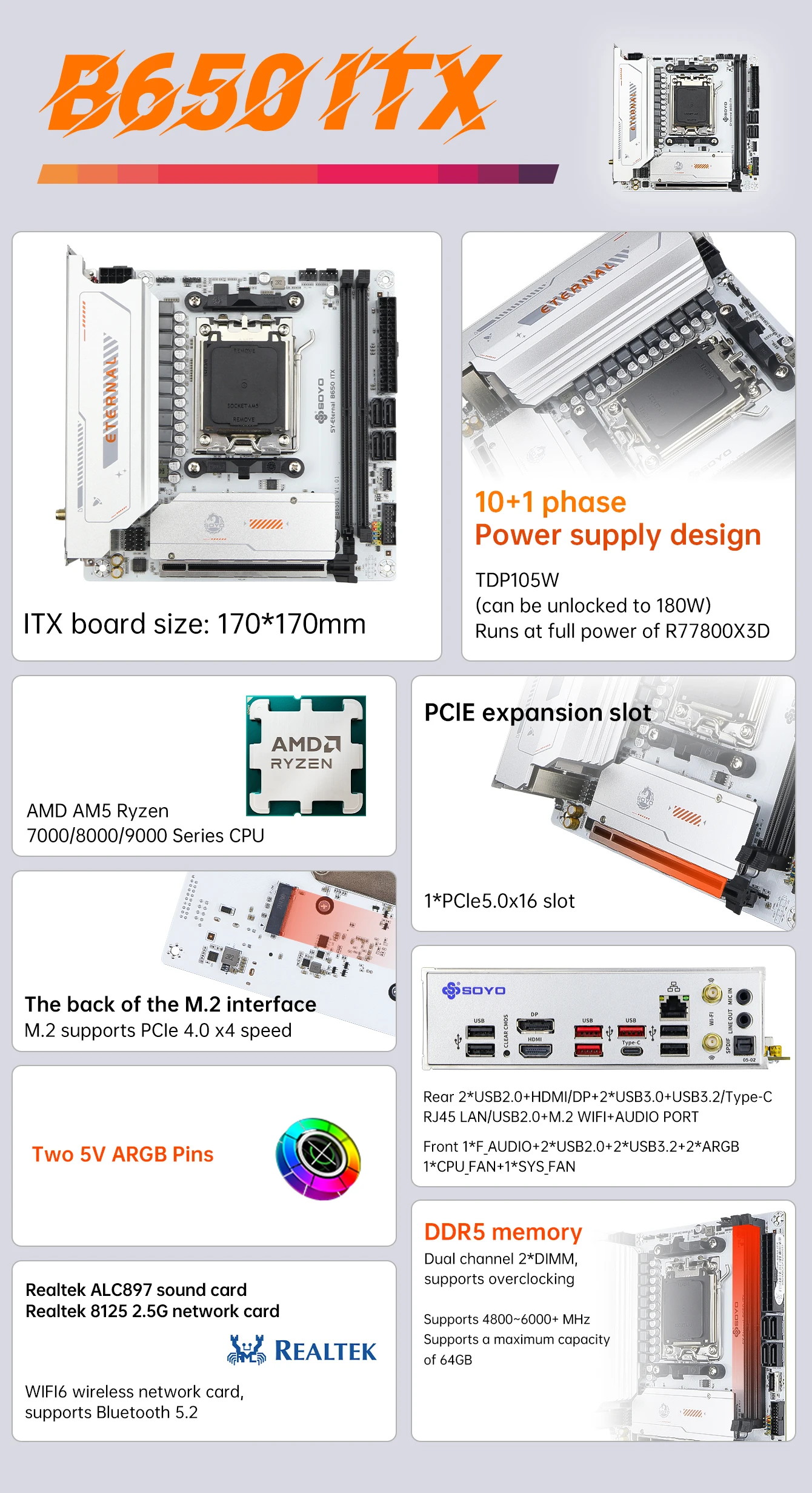SOYO B650ITX AMD Motherboard AMD Ryzen AM5 DDR5 Unterstützt CPU 7000 8000 9000 Prozessoren Pcie5.0x16 Pcie4.0x4 M.2 ARGB WIFI6 – Detail 2