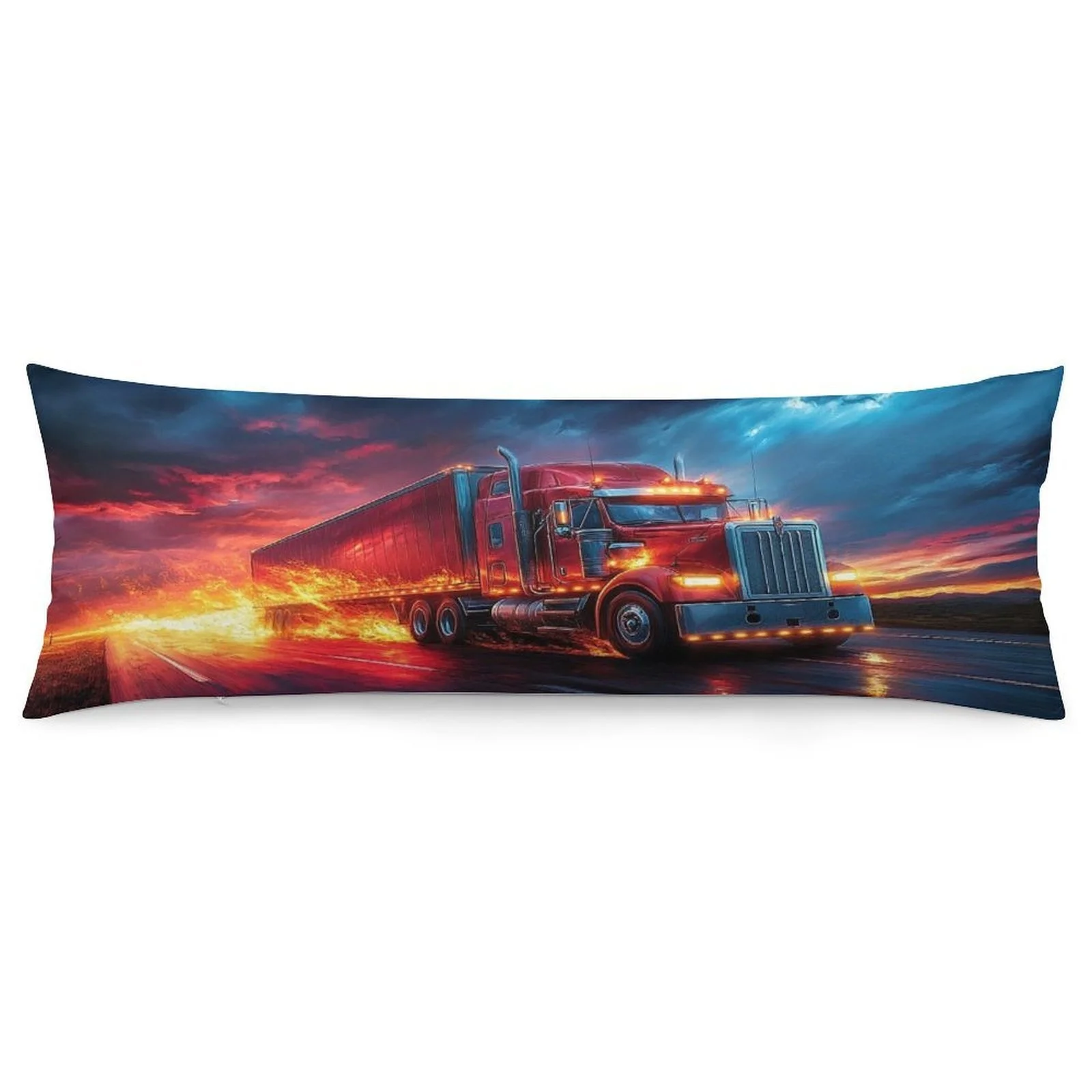 Truck Sunset Driving Pillowcase - Large 20X54 Inches (51X137 Cm) Soft Plush Flannel Long Bed Cushion Cover, Featuring Semi-Trail