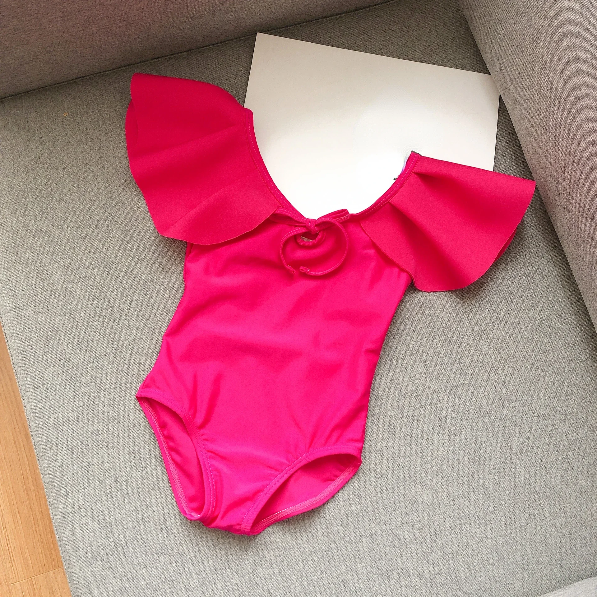 2023 Summer 2-7 Years Girls Swimsuit One Piece Swimsuit Solid Color Fly Sleeve  Swimwear for Children Bathing Suit New