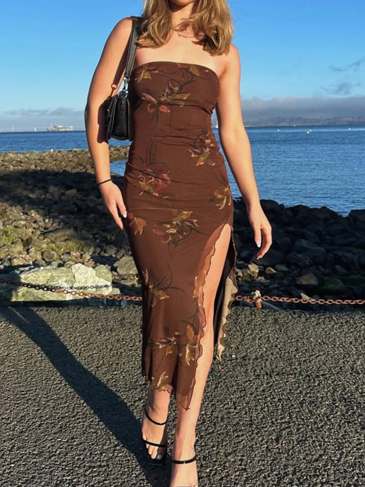 Estilo de férias temperamento emagrecimento retro impressão sexy sem alças split vestido de camada dupla