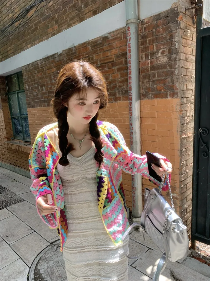 

Knitted Hook Flower Sweater Coat Women's Travel Clothing Loose Ethnic Sle Hollow out Top V-ne Long Sve Cardigan