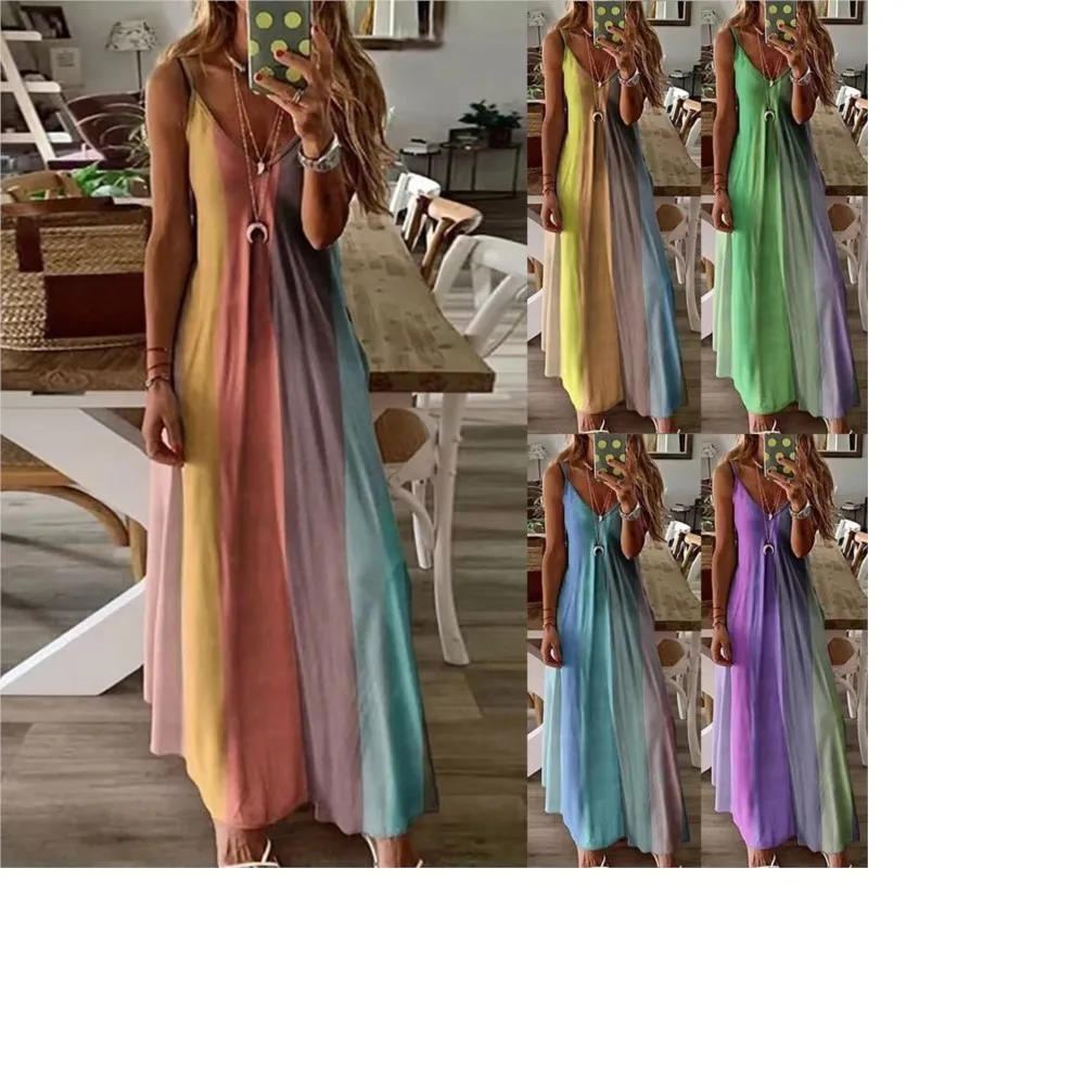 2024 Summer Women Colorful Gradient Spaghetti Strap Party Dress New Boho V-neck Beach Long Maxi Dresses S-5XL Cami Dress