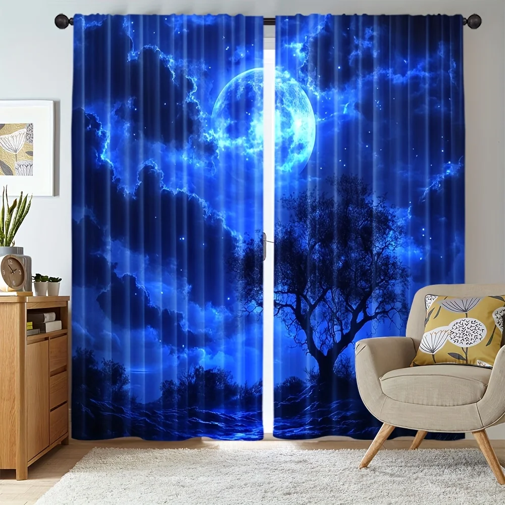 Blue Night Sky Full Moon Tree Curtains, Mystic Starry Cloud Scenery Print Dark Blue Drapes for Bedroom Living Room Study Home