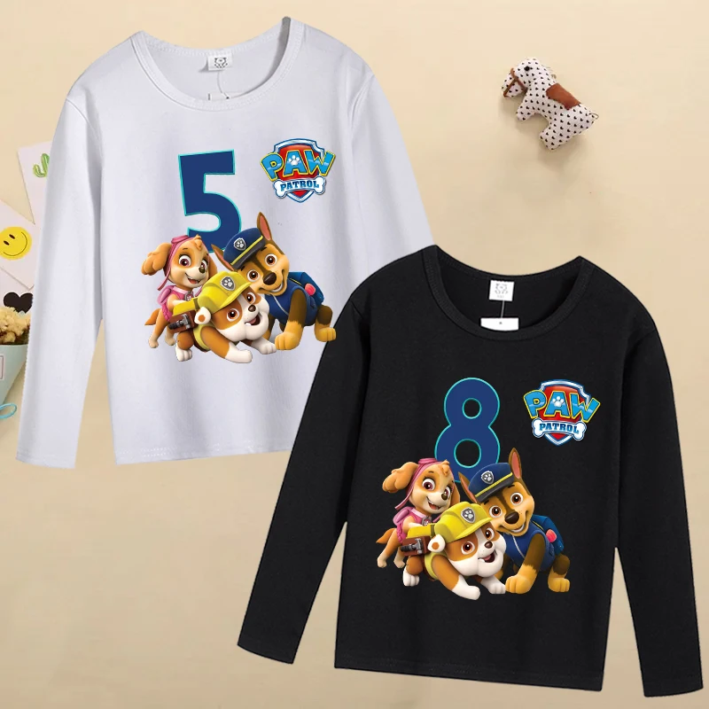 New Paw Patrol Kids Long Sleeves T-shirts Cartoon Birthday Number Printed Tops Baby Boys Cotton T Shirt Autumn Children Clothing