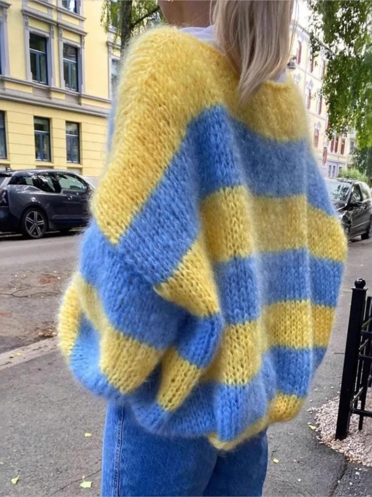 

Fashion Striped Sweater Lady Casual O Neck Long Sleeve Pullovers Loose Knit Sweaters Tops For Women Holiday Womens Clothing New