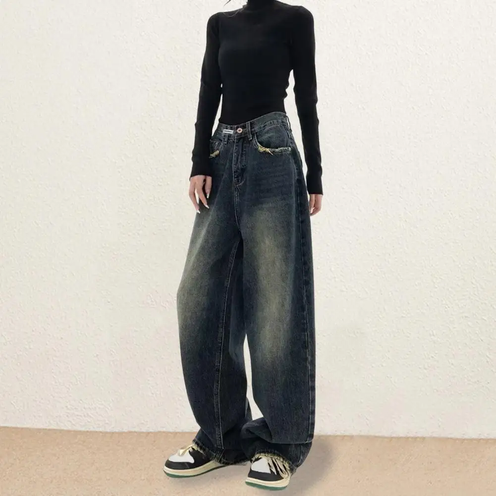 Loose Jeans Vintage High Waist Wide Leg Denim Jeans with Deep Crotch Pockets Women's Floor Length Loose Pants for Hip Hop