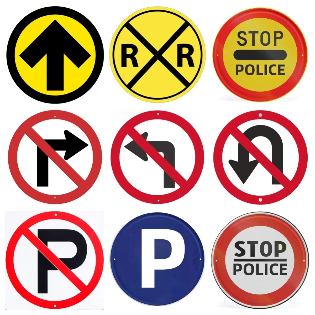 Retro Vintage Traffic Signs Collection High-Definition Metal Tin Sign Set – Classic Roadway Symbols Including Stop Police, No Pa