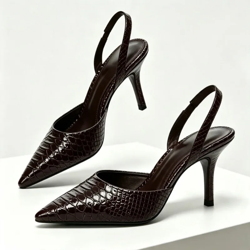 Unique Gloss Crocodile Grain Back-Strap High Heel Pumps for Ladies Fashion Pointed Toe Slip Sandals Luxury Brand Designer Shoes