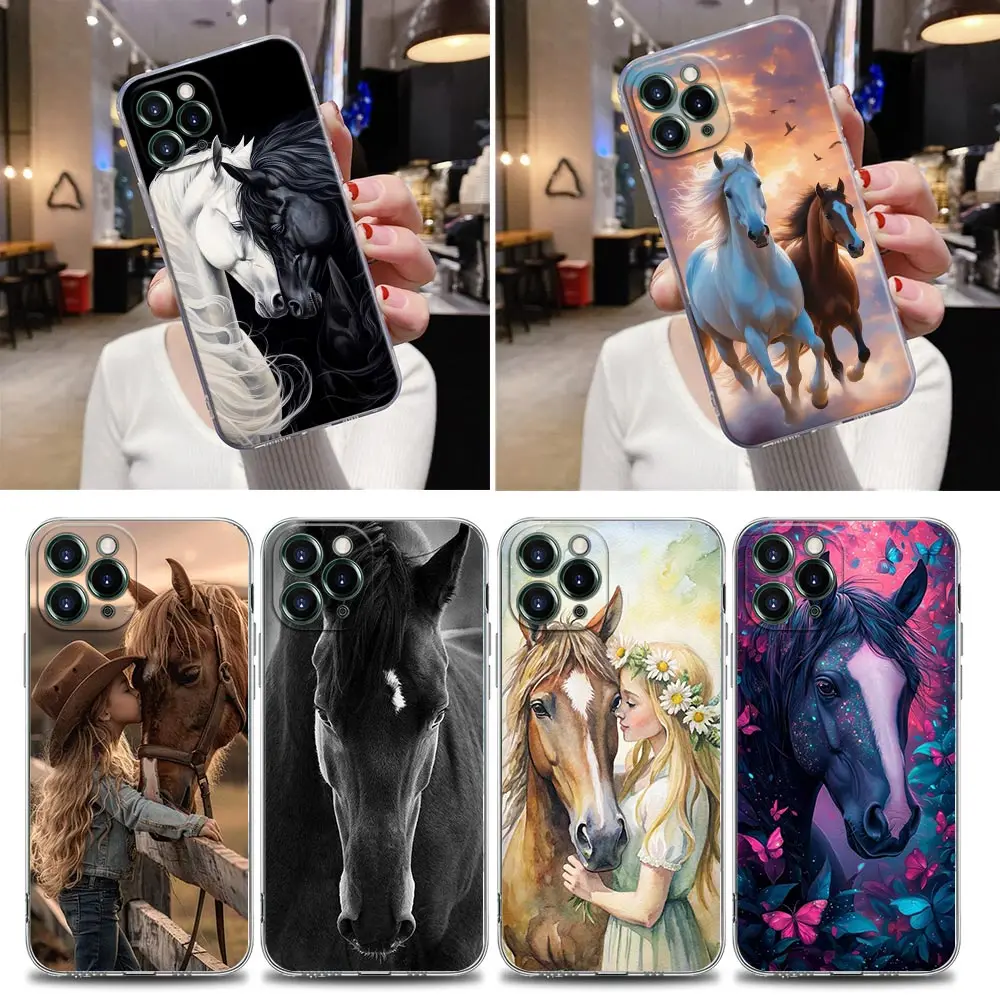 

Black White Horses Girl Galloping Clear Case For iPhone 16e 16 15 14 13 12 11 Pro Max Mini 16 Plus Xs XR 7 8 Soft Silicone Cover