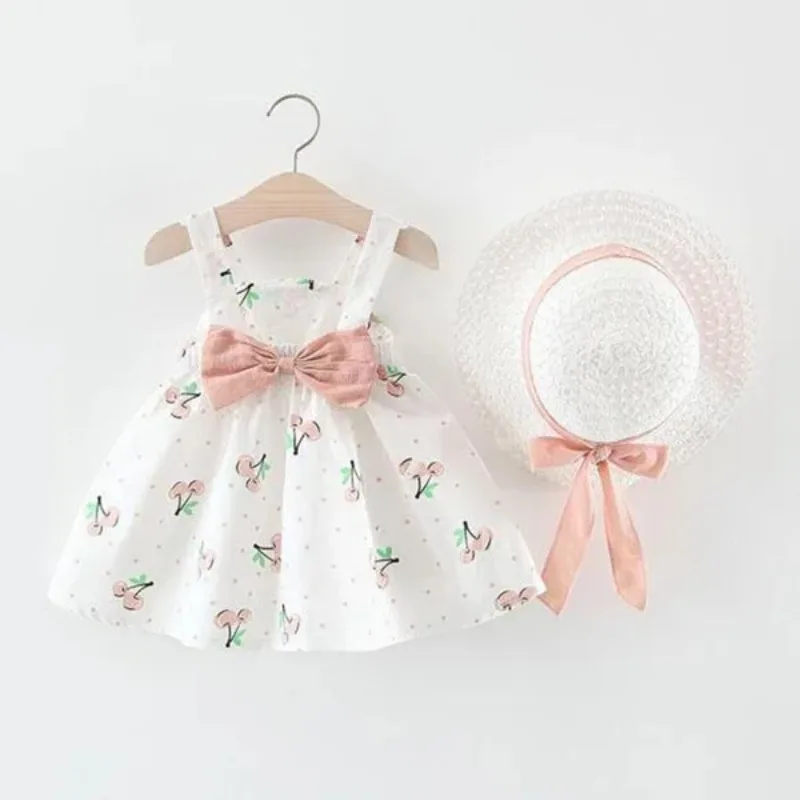 1Pc Kids Girl Summer Sleeveless Dress Cute Print Bow Casual Dress with Straw Hat