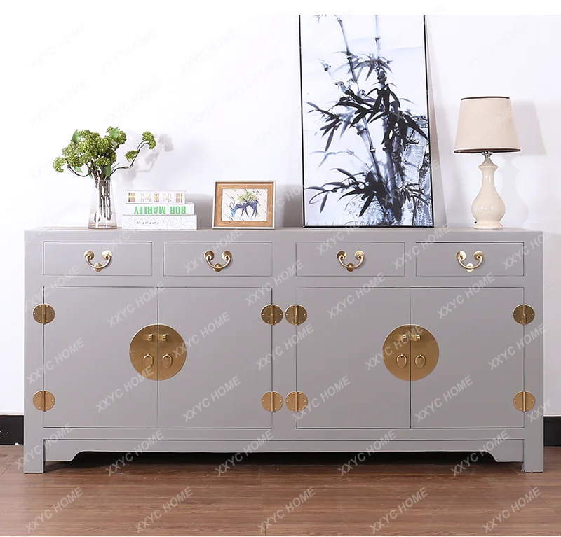 Modern Chinese solid wood dining side cabinet, retro color paint simple entrance cabinet