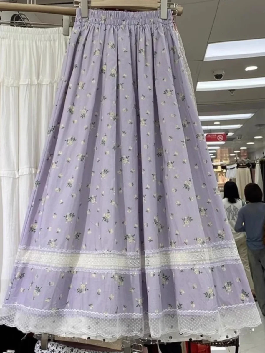 Spódnica Plus Size 300 Pou Koreańska Słodka Kwiatowa Koronkowa Łączona Spódnica dla Puszystych MM Pasująca do Wszystkiego Spódnica A-Line Maxi Dr
