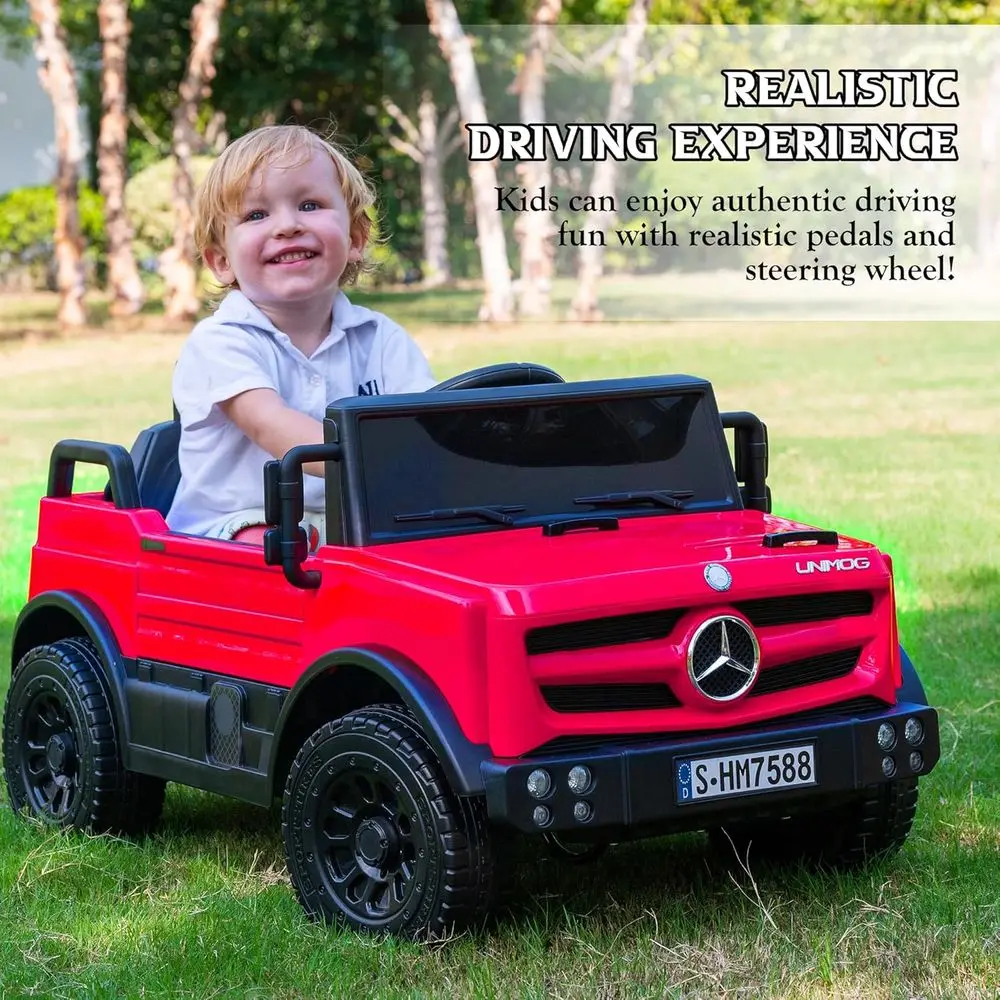 Carro de passeio de 12V com controle remoto para pais, carro Mercedes-Benz UNIMOG licenciado para crianças, luzes LED, música e buzina, partida suave, Lo