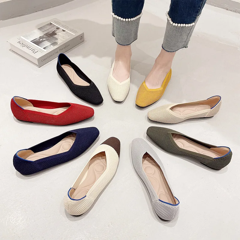 2023 New SpringSummer Square Head Shallow Knitted Woven Women's ShoesForeign Trade Flat Bottom Casual Shoes Fashion Single Shoes