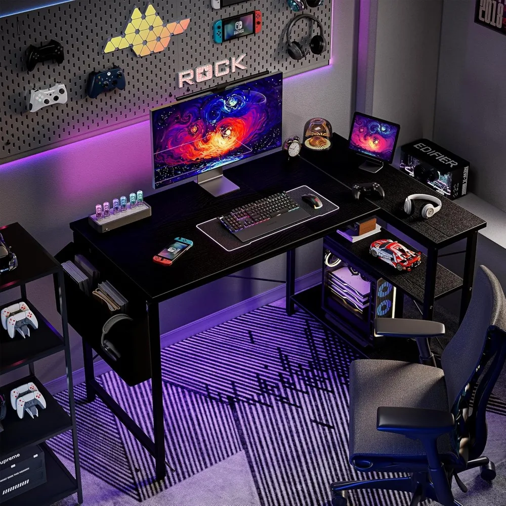 Escritorio para computadora para juegos en forma de L con estantes reversibles, escritorio esquinero de 47 pulgadas para espacios pequeños con bolsa de almacenamiento