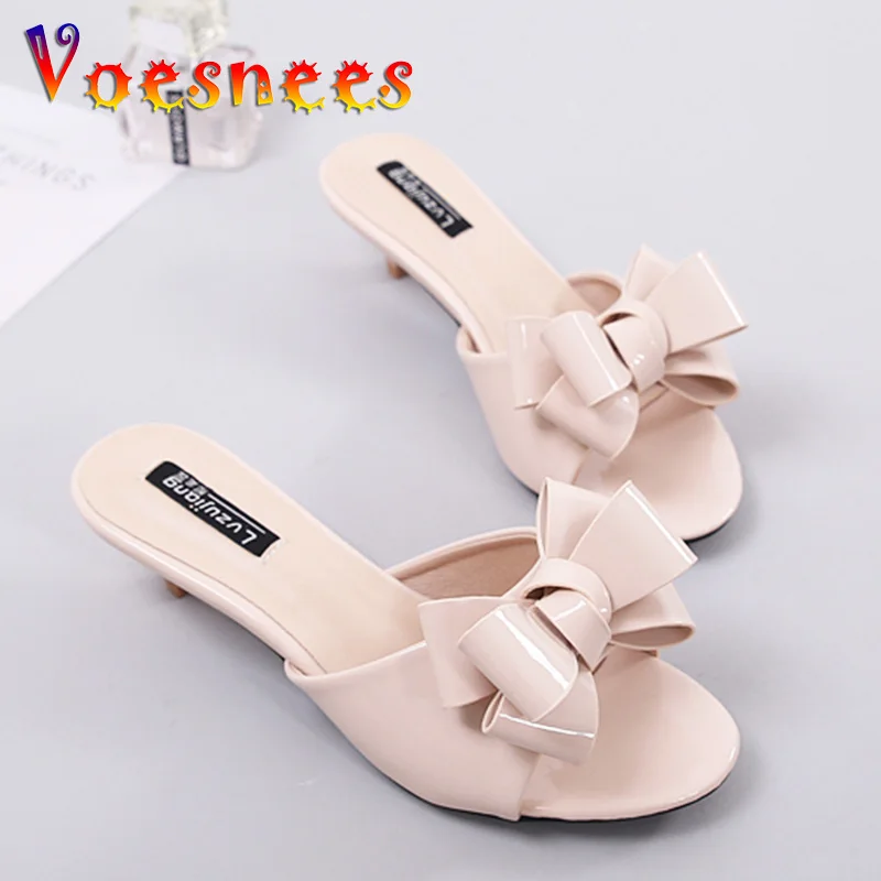 Slippers Female Summer 2022 New Outside Wear Korean version of high heel Medium Heel Thin Heel Bow Fishmouth one word sandals