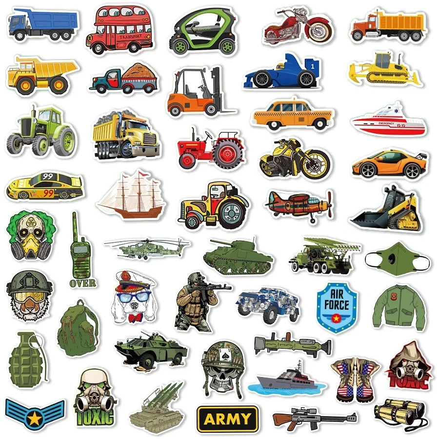 10/100PCS Engineering Vehicle Car Stickers for Laptop Skateboard Guitar Waterproof Military Tank Sticker for Kids Skiing Decals