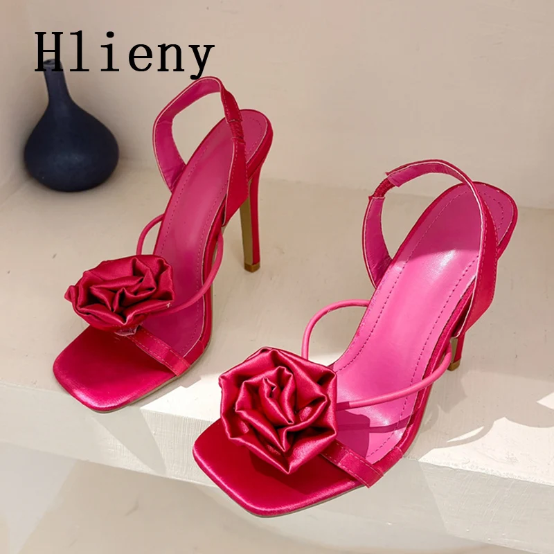 Hlieny Summer Sexy Silk Flower Back Strap Sandals Woman Fashion Square Toe Stiletto High Heels Banquet Wedding Party Pumps Shoes