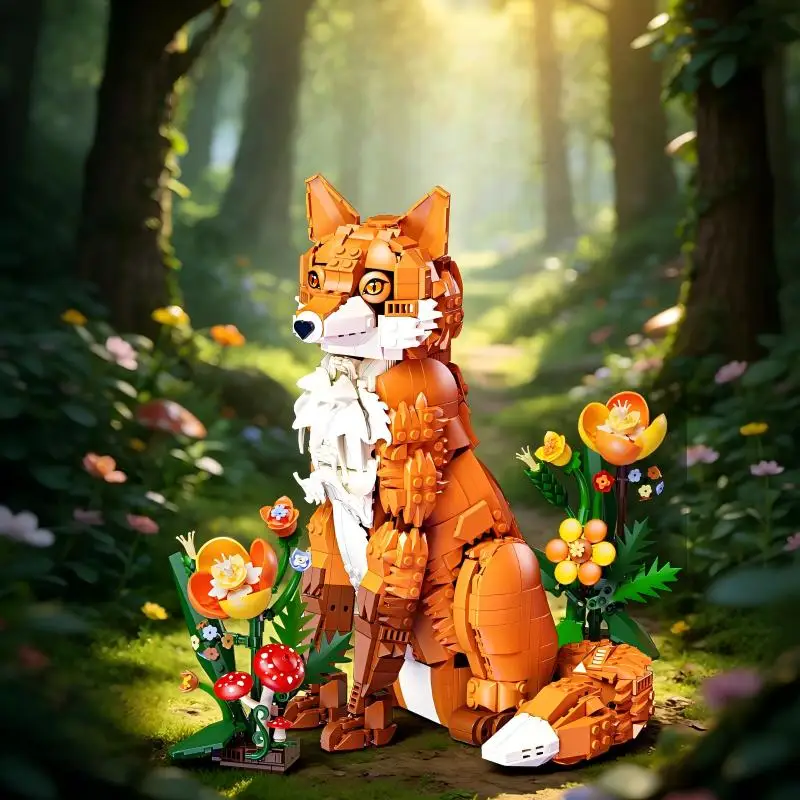 Red Fox Building Bricks, Forest Floral Scenery, DIY Kit, Desktop Decor, Nice Birthday Gift For Relatives & Friends.