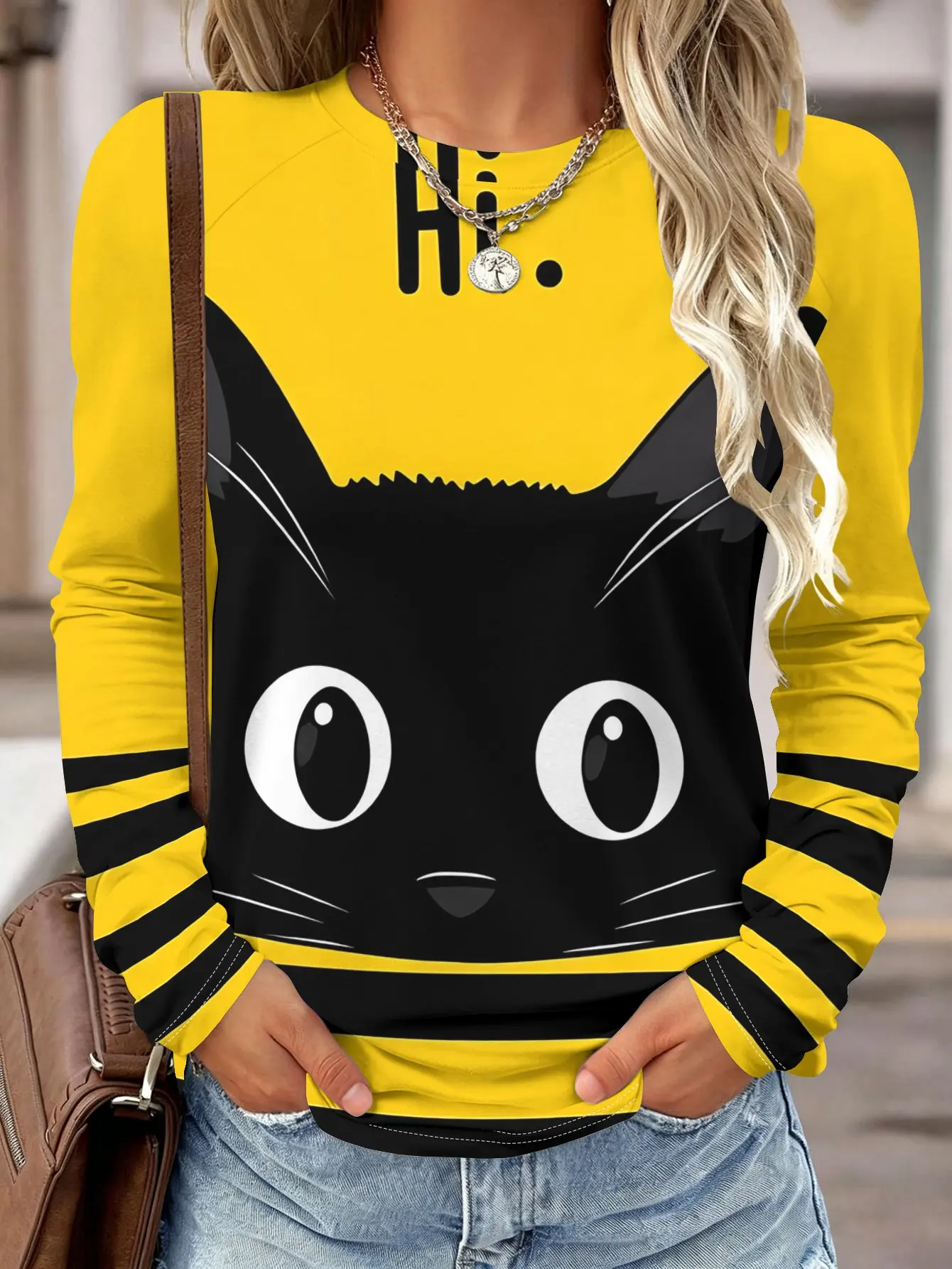 Women Long Sleeve Shirt Pocket Cat 3D Effect Print Round Neck Raglan Casual Fall Tops Women's Clothes view 5