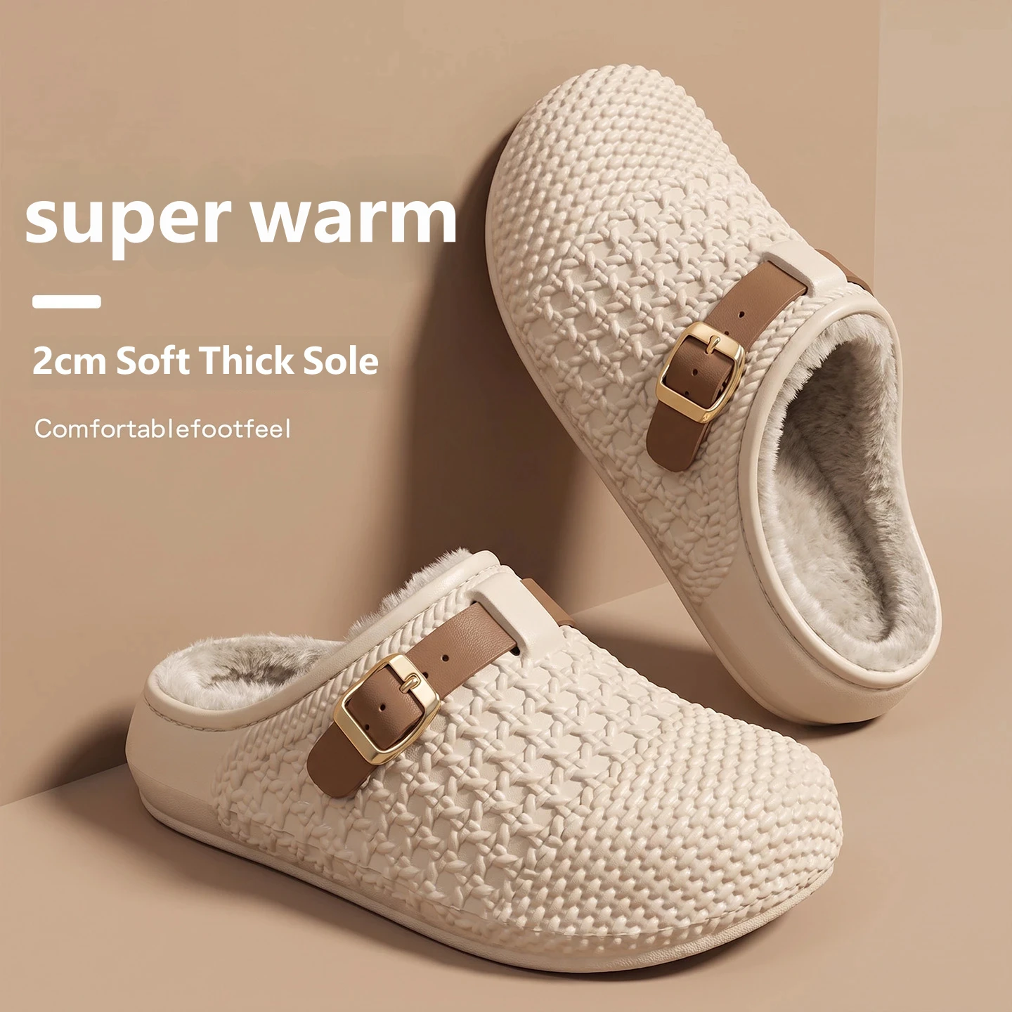Women's Winter Knitted Mule Slippers Fleece Lined Warm Clogs with Adjustable Buckle Soft Thick Sole Indoor Outdoor House Shoes