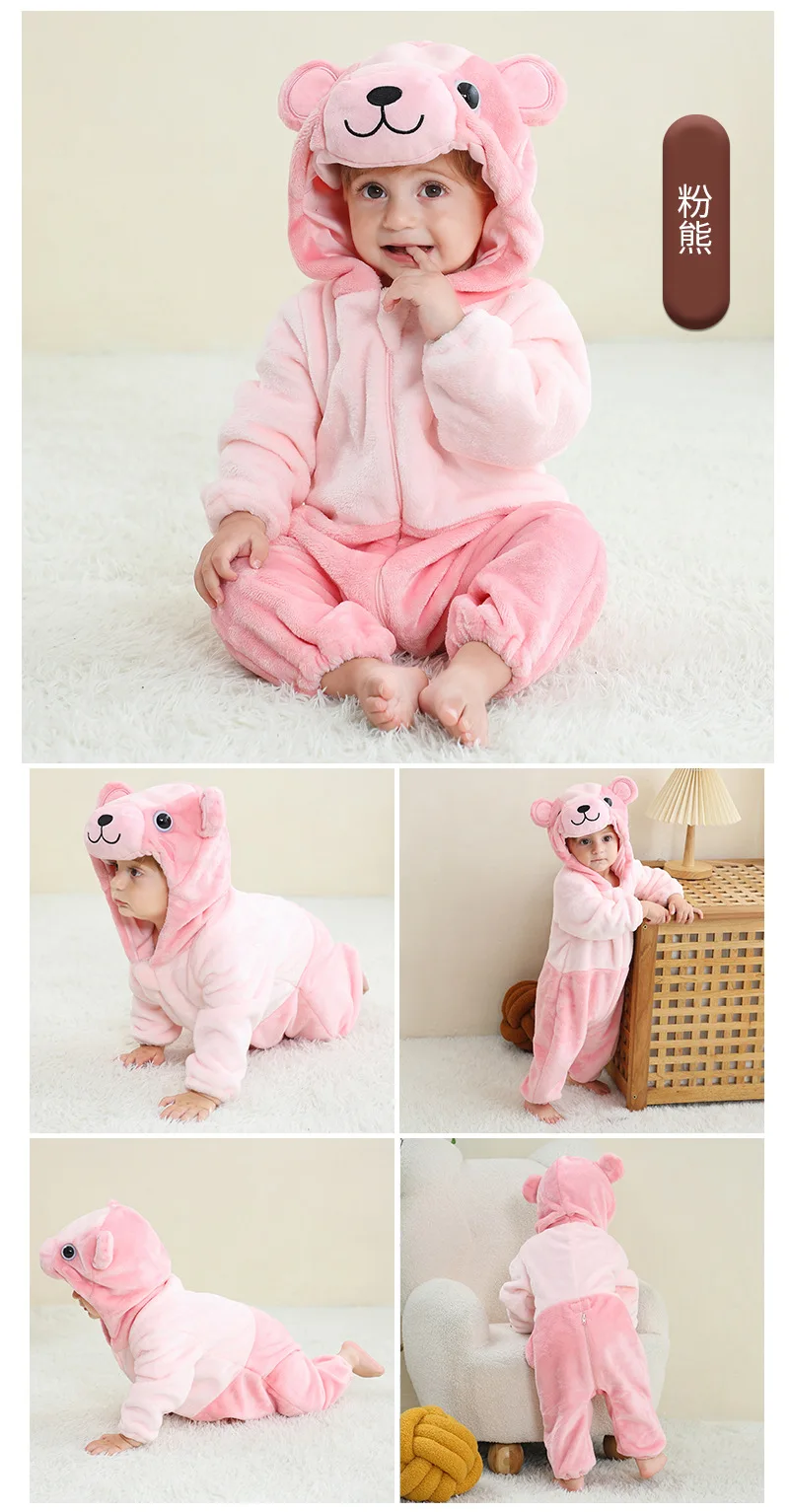 Baby Strampler Winter Kostüm Flanell Kapuzen Overalls Kinder Wachsende Kleidung Jungen Pullover Mädchen Overall Outfit Drachen Einhorn Frosch – Detail 4
