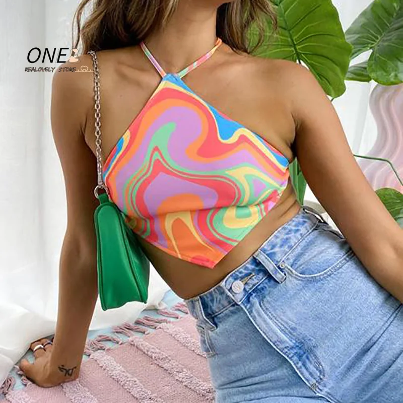 Women's Camisole Sleeveless Backless Strappy Abstract Fashion Charming Print Irregular Hem Summer Tops for Party Club