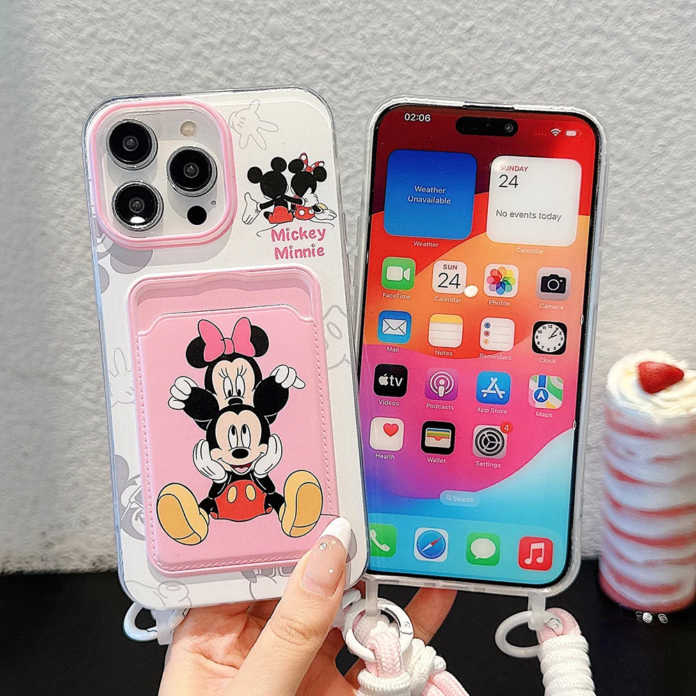 Couple Minnie Mickey Card Holder Cartoon Phone Case for iPhone 16 14 Plus 15 Pro Max 11 12 13 Pro X XS XR 7 8 SE With Lanyard