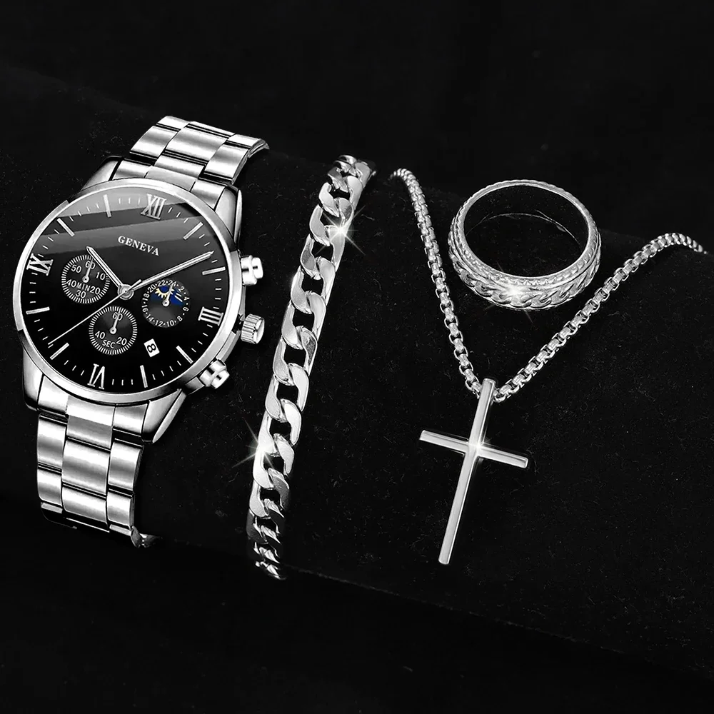 Men's Watch Set Fashion Trend Business Quartz Watch Cross Pendant Necklace Ring Bracelet Jewelry Set Perfect Gift for Him