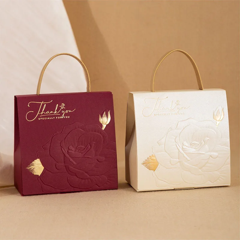 Champagne Gold Embossed Rose Gift Boxes & Bags Leather Handheld Thank You Paper Packaging Box for Weddings Party Favors