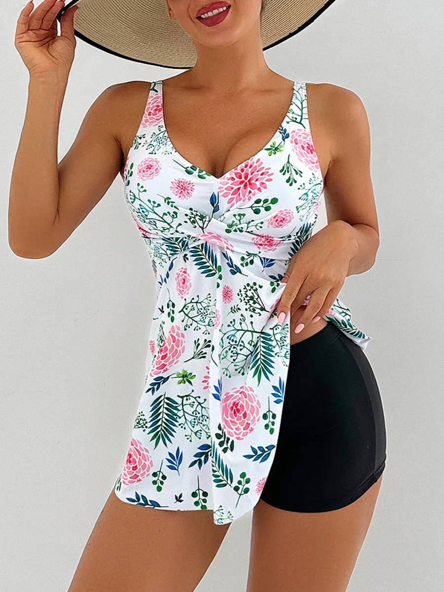 

Bikini Set Women's One Piece Skirt Swimsuit Floral Print Split Tankini Sexy V-neck Bandage Backless Beach Vacation Swimwear 2025