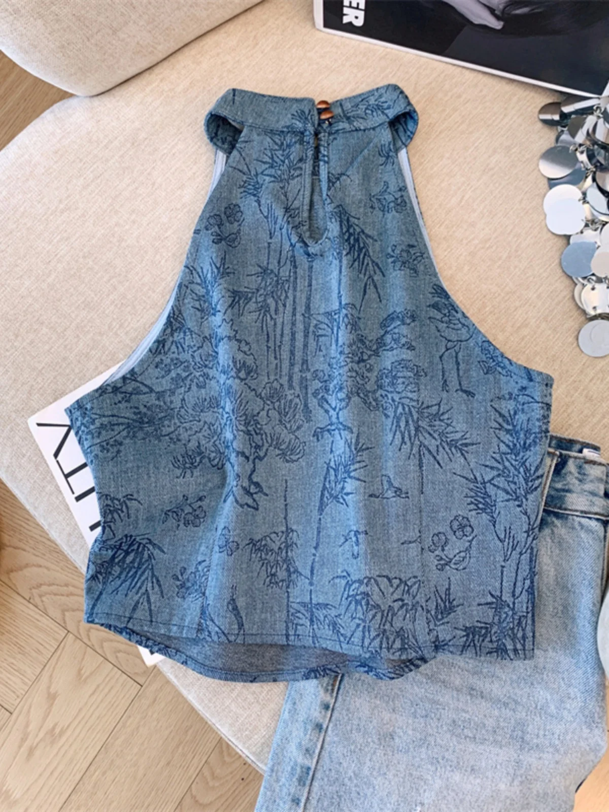 Blue Floral Floating Flower Neck Hanging Vest Women's Short Style Chinese New Summer Spicy Girl Outerwear Shoulder Exposure P...