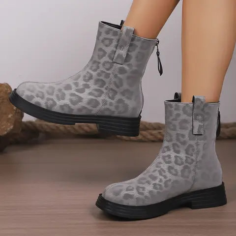 Autumn Winter Women Leopard Print Round Toe Ankle Boots Back Zipper Platform Thick Sole Non-Slip Casual Daily Shoes